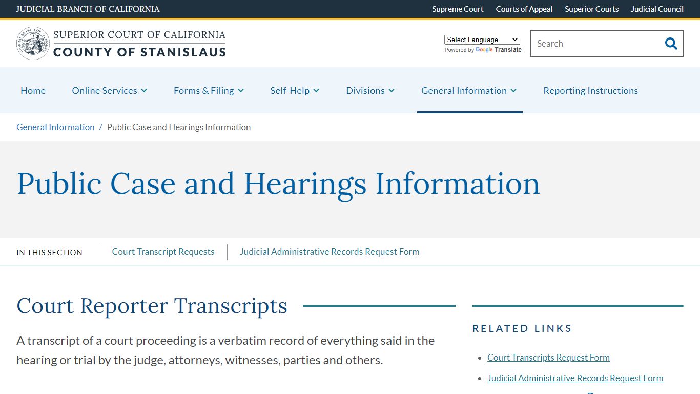 Public Case and Hearings Information | Superior Court of California ...